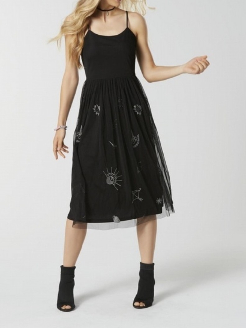 Bongo Black Spaghetti-Strap Midi Dress Cosmic Celestial Embroidered Mesh Overlay
